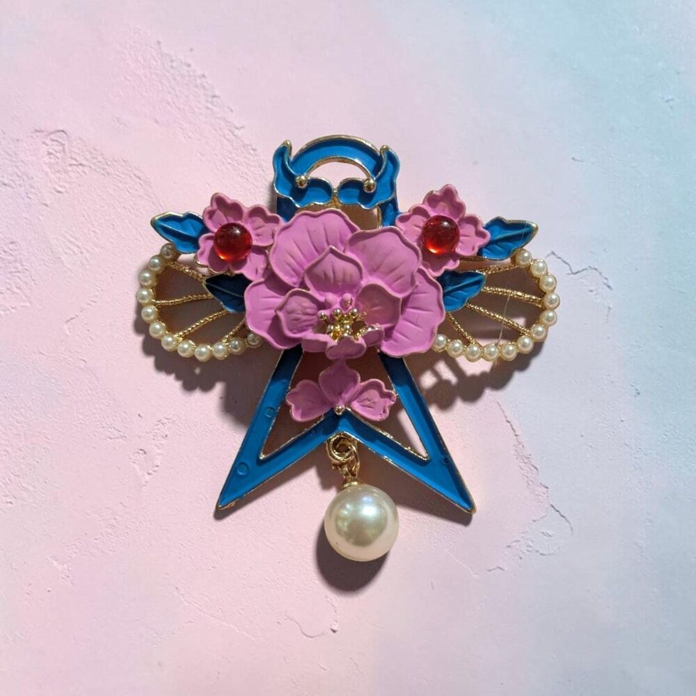 Floral Angel Brooch Pin, Pink Flower Blue Enamel, Gold Tone Statement Jewelry